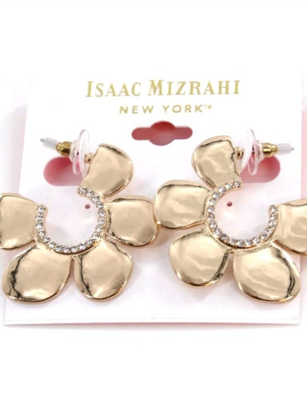 Gold Flower Hoop Earrings With Crystals Issac Mizrachi NEW